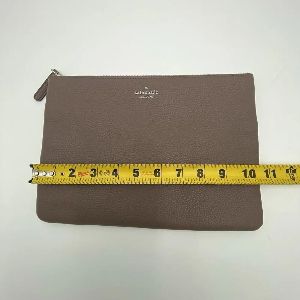 Kate Spade Large Zip Pouch Jackson Leather Clutch Brownstone Silver Logo $99MSRP